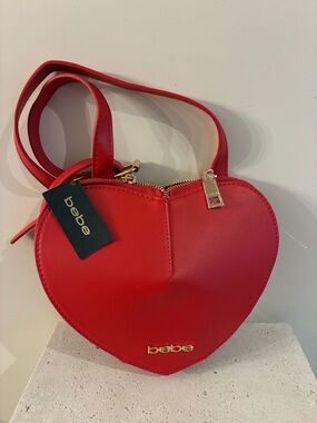 Bebe Vibrant Red Heart Crossbody Bag NEW Purse Gold zipper & logo Prom Grad